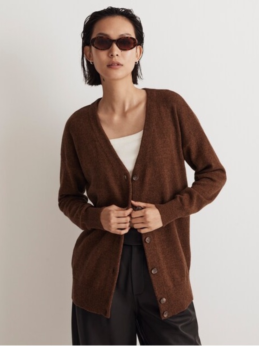 Madewell V-Neck Relaxed Cardigan Heather Hickory Brown Fisherman Sweater Size M